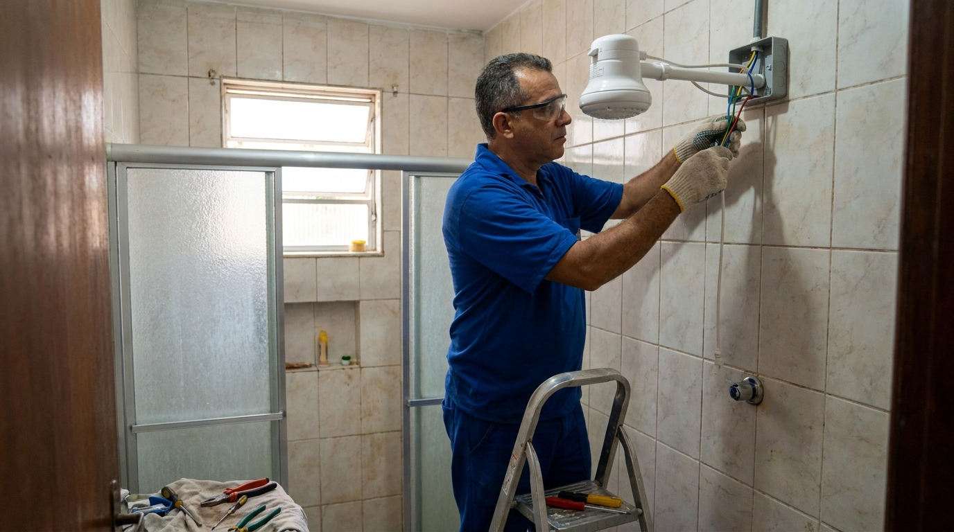 Eletricista instalando chuveiro eletrico em Fortaleza‑CE