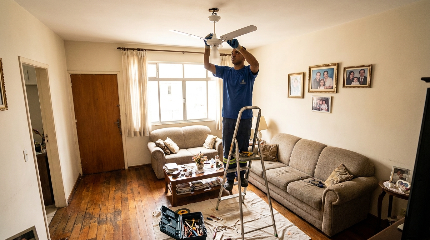 Eletricista instalando ventilador de teto em Fortaleza‑CE